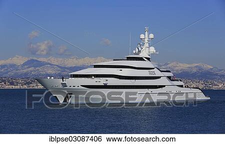 Stock Photograph - "Motoryacht """"St. Princess Olga"""", Oceanco shipyard, length 85. 5 metres, built in 2013, arriving in Antibes on its maiden voyage, Antibes, Departement Alpes-Maritimes, Region Provence-Alpes-Cote d? ÇÖAzur, France, Europe". Fotosearch