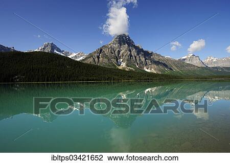 Stock Image - "Mount Chephren reflected in the emerald-green Lake Waterfowl, Banff National Park, Alberta Province, Canada, North America". Fotosearch