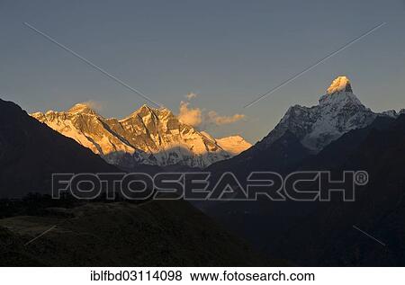 "Mount Everest, Lhotse and Ama Dablam Mountains, the highest mountains of the world, in the last light of the day in Solo Khumbu region, Namche Bazar, Solukhumbu District, Sagarmatha Zone, Nepal, Asia" View Large Photo Image Stock Photo - "Mount Everest, Lhotse and Ama Dablam Mountains, the highest mountains of the world, in the last light of the day in Solo Khumbu region, Namche Bazar, Solukhumbu District, Sagarmatha Zone, Nepal, Asia". Fotosearch