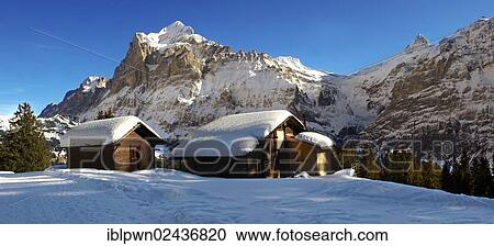 Stock Image - "Mountain chalet in winter looking towards Wetterhorn mountain, Grindelwald, Swiss Alps, Switzerland, Europe". Fotosearch