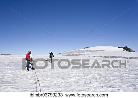 Stock Image - "Mountain climbers on Gepatsch Glacier, looking towards Weissseespitze Mountain, Alto Adige, Italy, Europe". Fotosearch