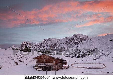 "Mountain hut at dawn above the Rosengarten group in winter, Saltria, South Tyrol, Italy, Europe" View Large Photo Image Picture - "Mountain hut at dawn above the Rosengarten group in winter, Saltria, South Tyrol, Italy, Europe". Fotosearch