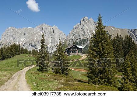 "Mountain hut in front of mountain massif, Modlinger Hutte, Gesause, rich stone, Styria, Austria, Europe" View Large Photo Image Stock Photo - "Mountain hut in front of mountain massif, Modlinger Hutte, Gesause, rich stone, Styria, Austria, Europe". Fotosearch