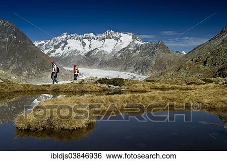 Stock Photograph - "Mountain lake and hikers on Bettmerhorn Mountain, in front of the peaks of the Bernese Oberland and the Aletsch Glacier, UNESCO World Natural Heritage Site, Bettmeralp, Canton of Valais, Switzerland, Europe". Fotosearch