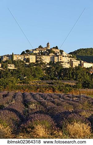 Stock Photo - "Mountain village of Banon with lavender fields, Forcalquier, Provence region, Departement Alpes-de-Haute-Provence, France, Europe". Fotosearch