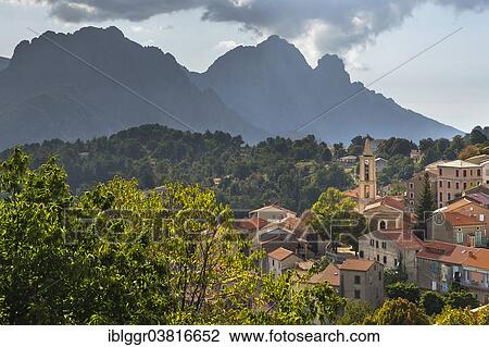 Stock Image - "Mountain village of Evisa, Golo Valley, Corse-du-Sud, Corsica, France, Europe". Fotosearch