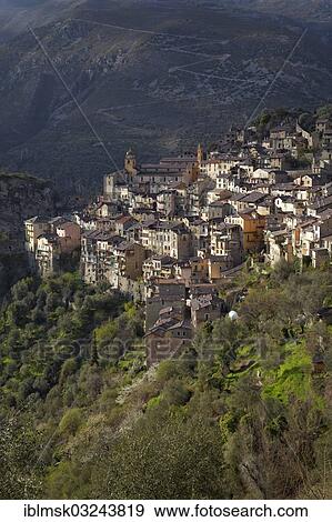 Stock Photo - "Mountain village of Saorge high above the Roya Valley, Saorge, Departement Alpes-Maritimes, Region Provence-Alpes-Cote d? ÇÖAzur, France, Europe". Fotosearch