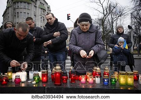 Picture - "Mourning ceremony for victims of the Euromaidan in Kiev, Lviv, Western Ukraine, Ukraine, Europe". Fotosearch
