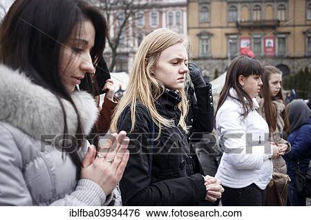Stock Photograph - "Mourning ceremony for victims of the Euromaidan in Kiev, Lviv, Western Ukraine, Ukraine, Europe". Fotosearch