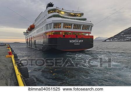 "MS Nordkapp departing from the pier towards Vagsfjord, Harstad, Troms, Norway, Europe" View Large Photo Image Stock Photography - "MS Nordkapp departing from the pier towards Vagsfjord, Harstad, Troms, Norway, Europe". Fotosearch