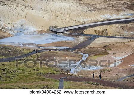Stock Image - "Mud pits, solfatare, mineral deposits, Seltun geothermal area near Krysuvik or Krisuvik, Reykjanesskagi, Southern Peninsula or Reykjanes, Iceland, Europe". Fotosearch