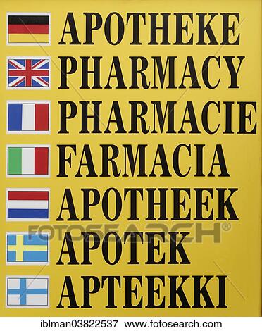 "Multilingual sign of a pharmacy, Spain, Europe" View Large Photo Image Stock Photo - "Multilingual sign of a pharmacy, Spain, Europe". Fotosearch