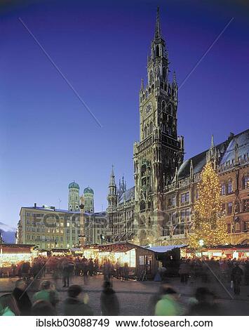 Stock Photo - "Munich Christmas market in Marienplatz square, evening, Marienplatz, Munich, Upper Bavaria, Bavaria, Germany, Europe". Fotosearch