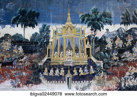 Stock Photo - "Mural depicting scenes from the Khmer version or Reamker version of the classic Indian Ramayana epos in the covered gallery of the Silver Pagoda, Royal Palace, Phnom Penh, Cambodia, Southeast Asia, Asia". Fotosearch