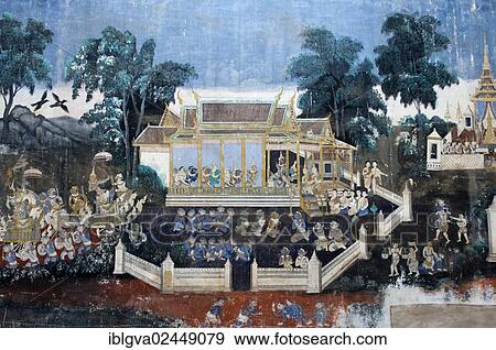 "Mural depicting scenes from the Khmer version or Reamker version of the classic Indian Ramayana epos in the covered gallery of the Silver Pagoda, Royal Palace, Phnom Penh, Cambodia, Southeast Asia, Asia" View Large Photo Image Stock Photo - "Mural depicting scenes from the Khmer version or Reamker version of the classic Indian Ramayana epos in the covered gallery of the Silver Pagoda, Royal Palace, Phnom Penh, Cambodia, Southeast Asia, Asia". Fotosearch