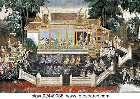 Stock Photograph - "Mural depicting scenes from the Khmer version or Reamker version of the classic Indian Ramayana epos in the covered gallery of the Silver Pagoda, Royal Palace, Phnom Penh, Cambodia, Southeast Asia, Asia". Fotosearch