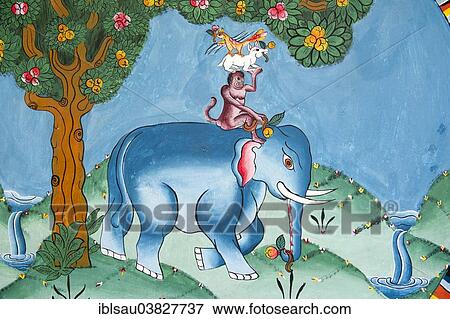 Stock Photo - "Mural depicting the legend of the four friends, elephant, monkey, rabbit and rooster, Kharbadi Gompa, Phuentsholing, Kingdom of Bhutan". Fotosearch