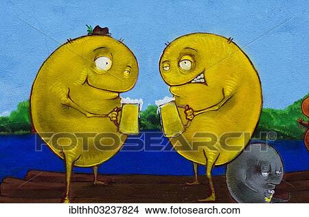 Picture - "Mural, graffiti, two figures holding beer mugs, Munich, Upper Bavaria, Bavaria, Germany, Europe". Fotosearch