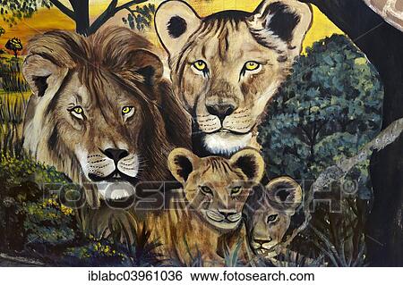 Stock Photograph - "Mural, lion family in Tsumeb, Namibia, Africa". Fotosearch