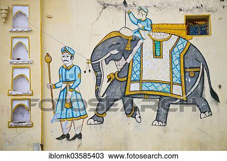 "Mural on a house wall, elephant with mahout and palace servant, Bassi, Rajasthan, India, Asia" View Large Photo Image Stock Image - "Mural on a house wall, elephant with mahout and palace servant, Bassi, Rajasthan, India, Asia". Fotosearch