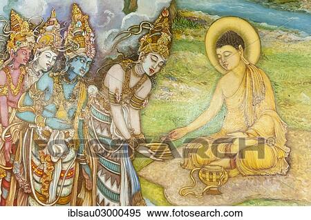 Stock Photography - "Mural painting, illustration of Buddha and worshippers, Buddhist Mahiyangana Temple, Mahiyangana, Sri Lanka, Asia". Fotosearch