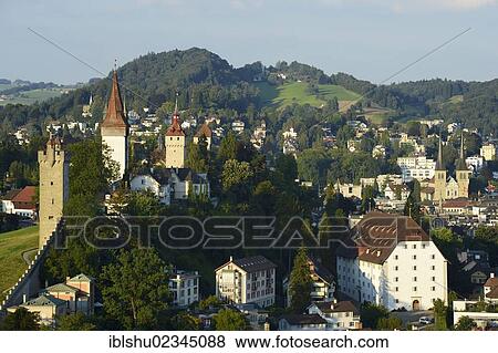 Stock Photo - "Musegg wall with the Musegg towers, Nine Towers with Maennliturm, Luegisland and Wachturm, landmarks of Lucerne, Switzerland, Europe". Fotosearch