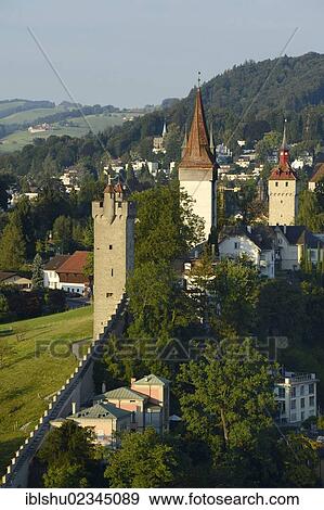 "Musegg wall with the Musegg towers, Nine Towers with Maennliturm, Luegisland and Wachturm, landmarks of Lucerne, Switzerland, Europe" View Large Photo Image Stock Photo - "Musegg wall with the Musegg towers, Nine Towers with Maennliturm, Luegisland and Wachturm, landmarks of Lucerne, Switzerland, Europe". Fotosearch