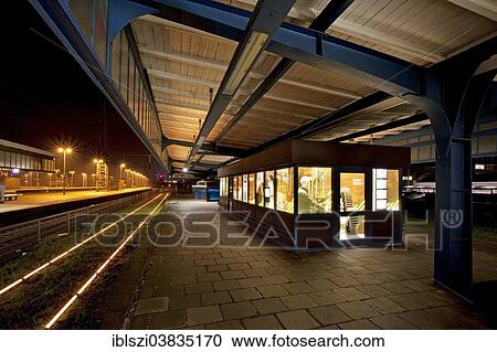 Stock Image - "Museum platform with the disused tracks 4 and 5 of Oberhausen central railway station, Oberhausen, North Rhine-Westphalia, Germany, Europe". Fotosearch