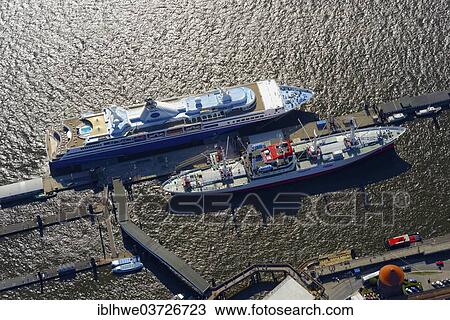 "Museum ship """"MS Cap San Diego"""" with the cruise ship """"MV Explorer"""" at Ueberseebruecke pier, aerial view, Hamburg, Hamburg, Germany, Europe" View Large Photo Image Stock Image - "Museum ship """"MS Cap San Diego"""" with the cruise ship """"MV Explorer"""" at Ueberseebruecke pier, aerial view, Hamburg, Hamburg, Germany, Europe". Fotosearch