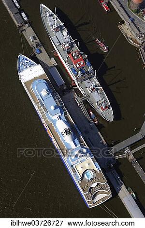 Stock Photo - "Museum ship """"MS Cap San Diego"""" with the cruise ship """"MV Explorer"""" at Ueberseebruecke pier, aerial view, Hamburg, Hamburg, Germany, Europe". Fotosearch