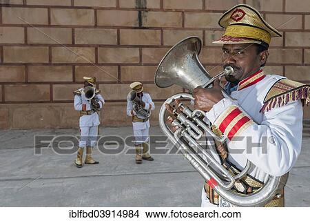 Picture - "Musicians of a brass band wearing uniforms, Vrindavan, Uttar Pradesh, India, Asia". Fotosearch