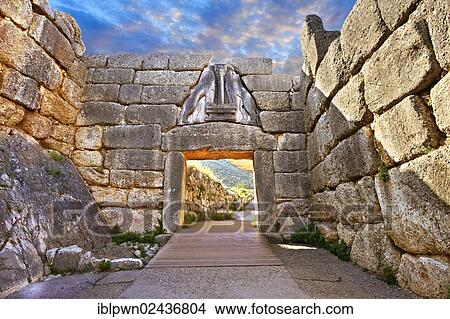 "Mycenae Lion Gate and citadel walls, built in 1350 B. C., Mycenae UNESCO World Heritage Archaeological Site, Peloponnese, Greece, Europe" View Large Photo Image Picture - "Mycenae Lion Gate and citadel walls, built in 1350 B. C., Mycenae UNESCO World Heritage Archaeological Site, Peloponnese, Greece, Europe". Fotosearch