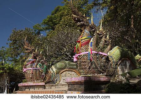 Stock Photography - "Naga guards, Naga staircase to the mountain temple of Wat Doi Suthep, Chiang Mai, Northern Thailand, Thailand, Asia". Fotosearch