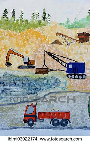 Picture - "Naive wall painting, excavators and trucks in a landscape during earthworks, Bruckberg, Lower Bavaria, Bavaria, Germany, Europe". Fotosearch