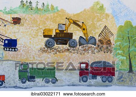 "Naive wall painting, excavators and trucks in a landscape during earthworks, Bruckberg, Lower Bavaria, Bavaria, Germany, Europe" View Large Photo Image Stock Image - "Naive wall painting, excavators and trucks in a landscape during earthworks, Bruckberg, Lower Bavaria, Bavaria, Germany, Europe". Fotosearch