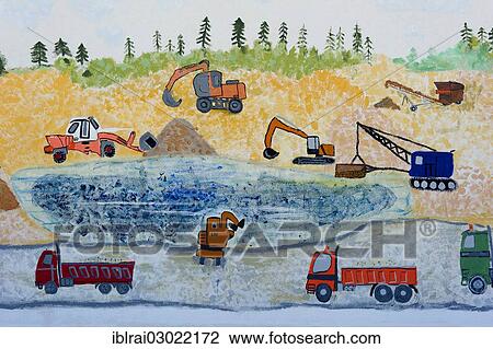 "Naive wall painting, excavators and trucks in a landscape during earthworks, Bruckberg, Lower Bavaria, Bavaria, Germany, Europe" View Large Photo Image Stock Image - "Naive wall painting, excavators and trucks in a landscape during earthworks, Bruckberg, Lower Bavaria, Bavaria, Germany, Europe". Fotosearch