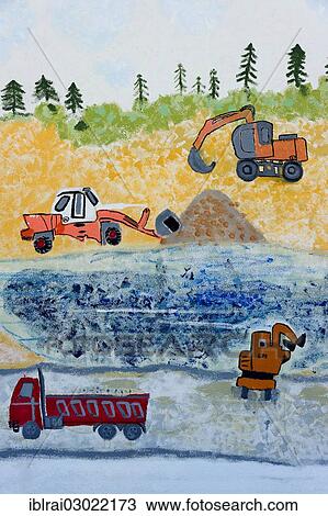 Stock Image - "Naive wall painting, excavators and trucks in a landscape during earthworks, Bruckberg, Lower Bavaria, Bavaria, Germany, Europe". Fotosearch