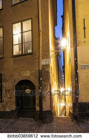 Stock Image - "Narrowest alleyway in the historic centre of Stockholm, Marten Trotzigs Grand, Gamla stan, Stockholm, Sweden, Europe". Fotosearch