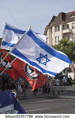Stock Photo - "National flags of Israel, rally against the Al-Quds Day, protest against anti-Semitism and Islamism on 18. 08. 2012, Adenauer Platz square, Berlin, Germany, Europe". Fotosearch