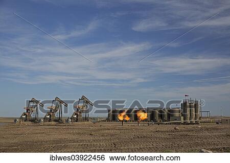 Stock Photograph - "Natural gas is flared off as oil is pumped in the Bakken shale formation; the gas is burned because no pipelines have been built to transport it to market, Watford City, North Dakota, United States, North America". Fotosearch