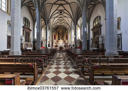 Stock Photo - "Nave, collegiate parish church of St. Philipp and Jakob, late Gothic hall church, Altotting, Upper Bavaria, Bavaria, Germany, Europe". Fotosearch