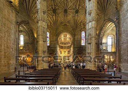 Stock Image - "Nave, Mosteiro dos Jeronimos, Jeronimos Monastery, UNESCO World Cultural Heritage Site, Belem, Lisbon, Lisbon District, Portugal, Europe". Fotosearch
