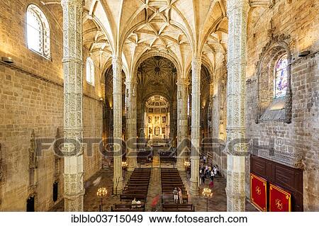 Stock Photo - "Nave, Mosteiro dos Jeronimos, Jeronimos Monastery, UNESCO World Cultural Heritage Site, Belem, Lisbon, Lisbon District, Portugal, Europe". Fotosearch
