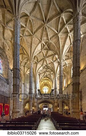 Stock Photograph - "Nave, Mosteiro dos Jeronimos, Jeronimos Monastery, UNESCO World Cultural Heritage Site, Belem, Lisbon, Lisbon District, Portugal, Europe". Fotosearch