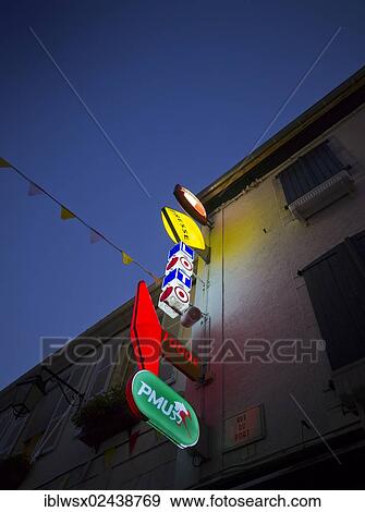 "Neon signs on a facade in Laruns, western Pyrenees, France, Europe, PublicGround, Europe" View Large Photo Image Stock Photo - "Neon signs on a facade in Laruns, western Pyrenees, France, Europe, PublicGround, Europe". Fotosearch