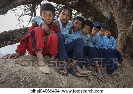 "Nepalese students wearing school uniforms sitting on a tree, Bandipur, Nepal, Asia" View Large Photo Image Picture - "Nepalese students wearing school uniforms sitting on a tree, Bandipur, Nepal, Asia". Fotosearch