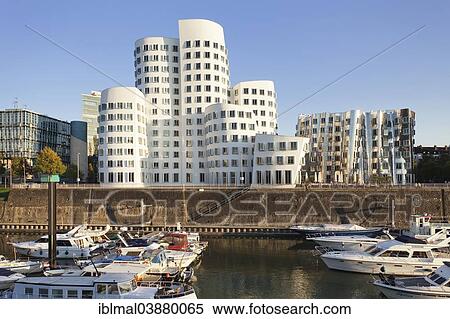 Stock Photography - "Neuer Zollhof, Gehry Buildings, Media Harbour, Dusseldorf, North Rhine-Westphalia, Germany, Europe". Fotosearch