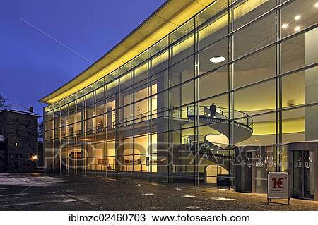 Stock Image - "Neues Museum"""", glass facade of the new museum illuminated at dusk, Luitpoldstrasse street, Nuremberg, Middle Franconia, Bavaria, Germany, Europe, PublicGround, Europe". Fotosearch