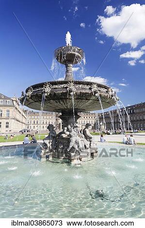 Stock Image - "Neues Schloss or New Palace, with fountain on Schlossplatz square, Stuttgart, Baden-Wurttemberg, Germany, Europe". Fotosearch