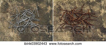 Stock Image - "New nails and rusty nails, diptych, concept image". Fotosearch